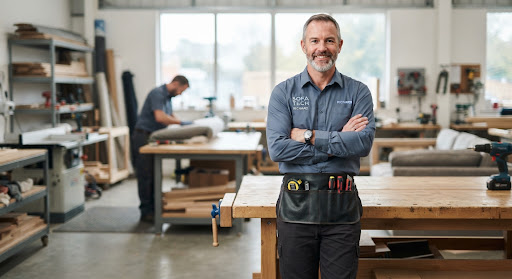 Rich, founder and furniture repair specialist, standing in his workshop as a colleague works in the background.